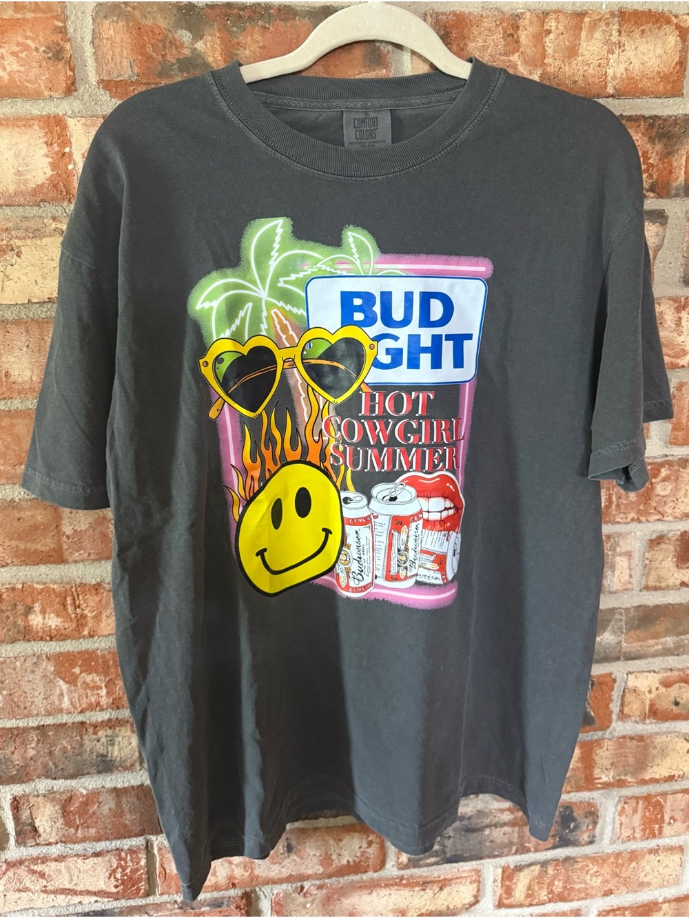 Comfort Colors pepper Graphic Tee with Yellow Smile & Multicolor Print